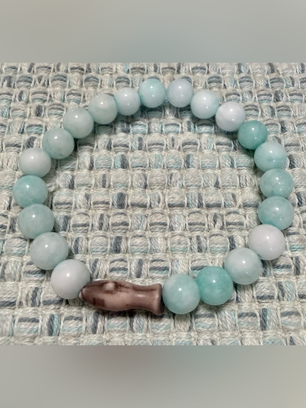 Light Aqua Beaded Stretch Bracelet with Ceramic Accent